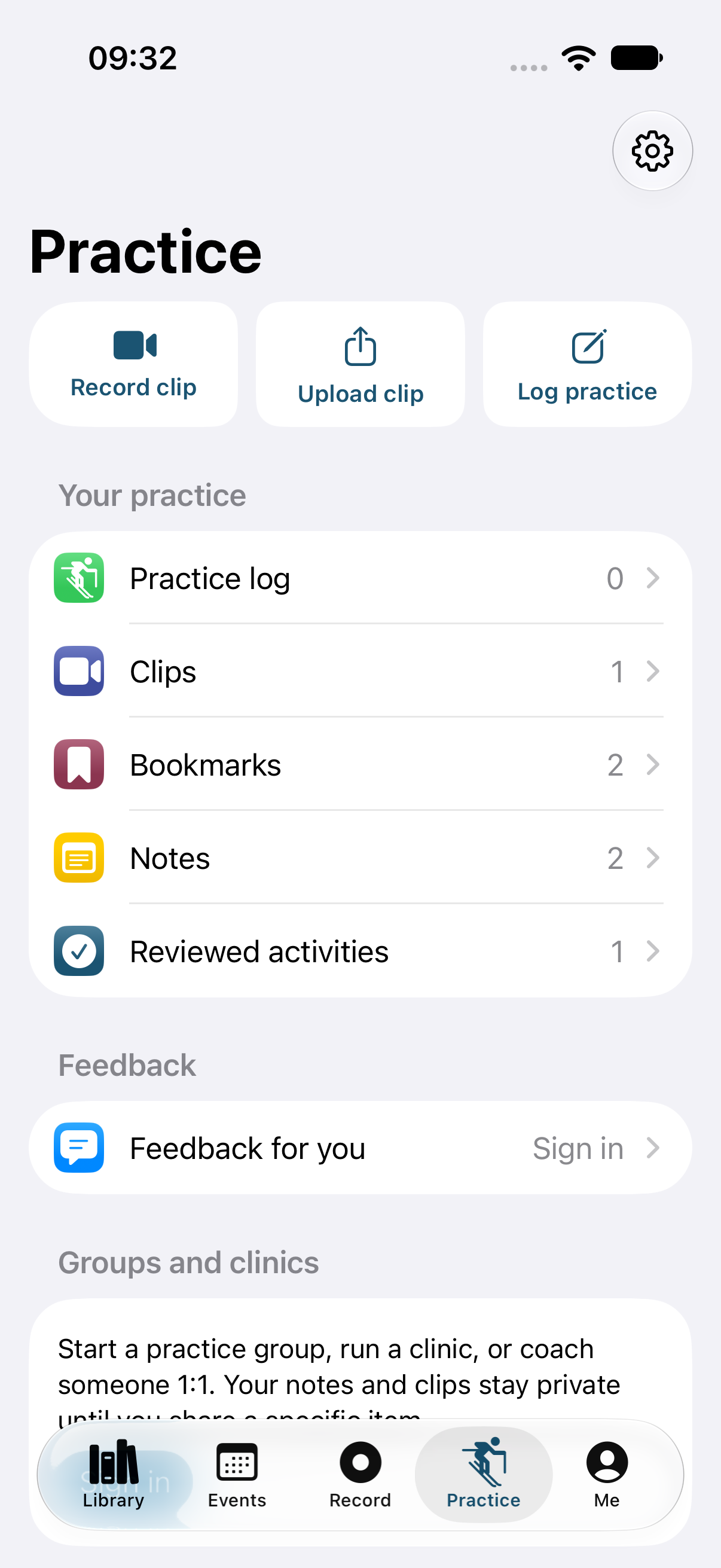 The Practice tab with buttons to record a clip, upload a clip, and log practice